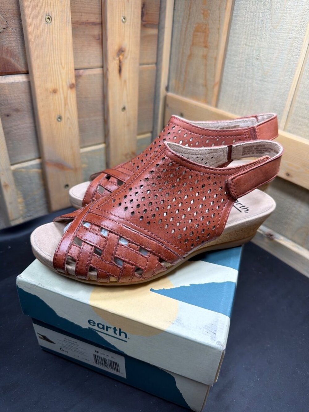 Earth Womens 6 W Wide Pisa Galli Terracotta Brown Leather Wedge Sandals Comfort - Picture 4 of 9